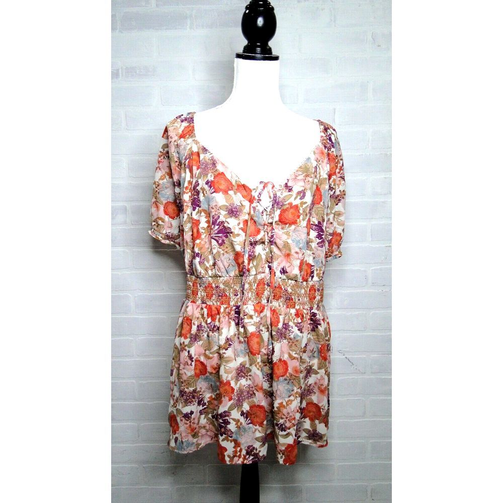 Torrid Top 4X Georgette Pink Floral Eyelet Smocked Waist Puff Sleeve Lined